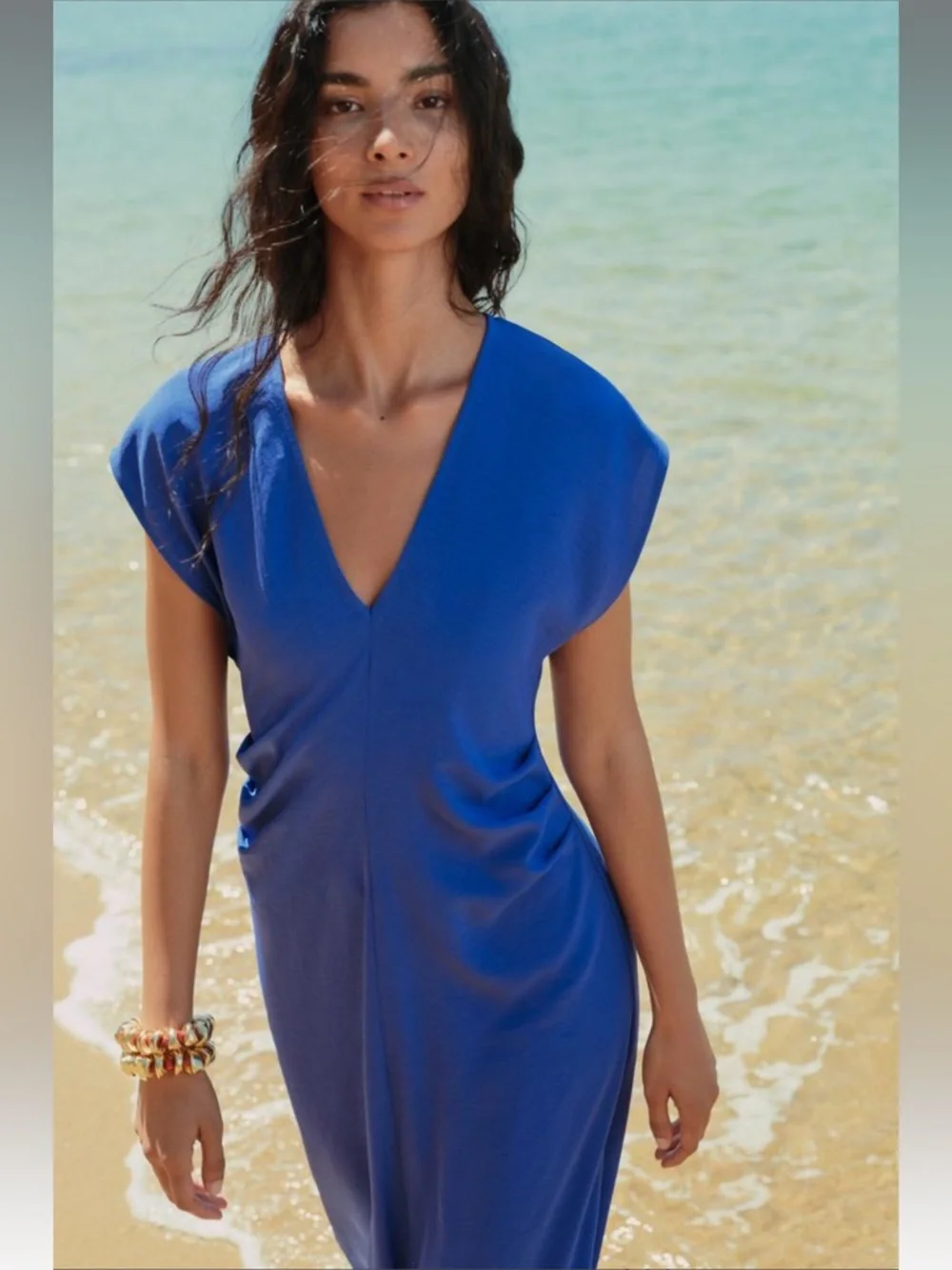 ZARA BLUE FLOWY GATHERED DRESS - Picture 2 of 12